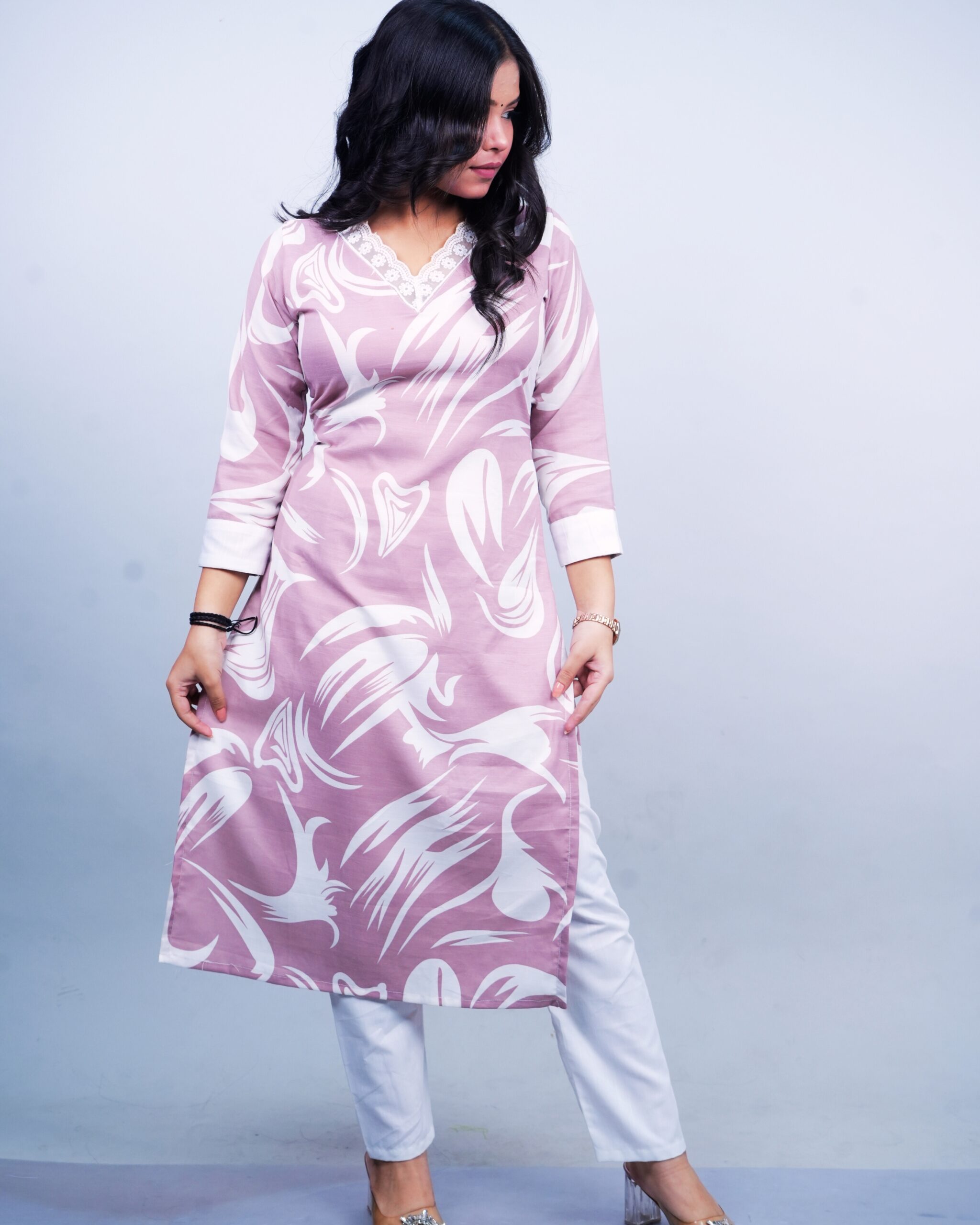 Two Piece Cotton Top and Palazzo Set with Neck Lace Pattern